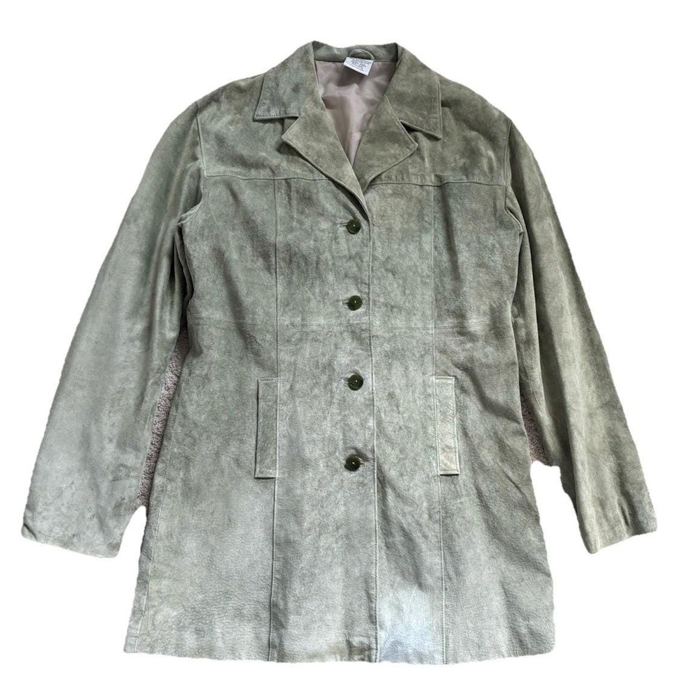 Vtg 90s 100% Suede Leather Trench Coat Women L Mint Green Blazer Prada Gucci